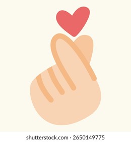 Cute hand making Korean finger heart gesture with red heart symbol, modern love icon for social media, pop culture, valentine greetings, and romantic design elements