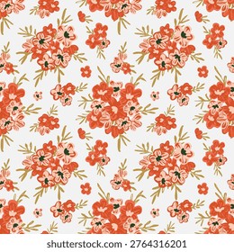 Cute hand painted bouquets of orange, peach and cream flowers with green leaves on a white background as a maximalist botanical design. Floral seamless vector pattern. Great for home decor, fabric, wallpaper, gift wrap, stationery, packaging design projects.