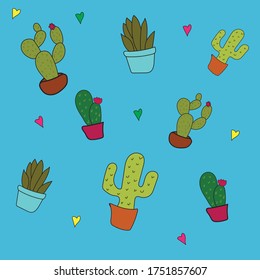 Cute hand painted cacti and succulents pattern on the blue background. Summer vector pattern with multi-colored plants and hearts. Cactus wallpaper.
