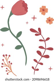 Cute hand painted colorful set of flowers, plants and leaves. Ideal for print, web, graphic design, stickers, scrap booking, crafting, logo and more.