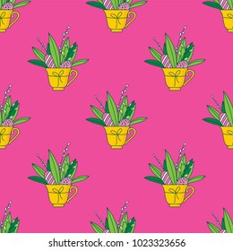 Cute hand painted easter seamless pattern. Easter eggs and flowers.