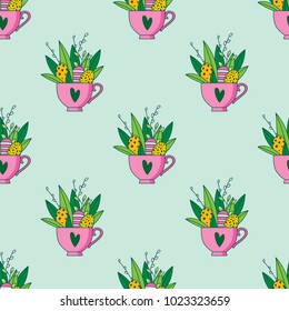 Cute hand painted easter seamless pattern. Easter eggs and flowers.