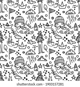 Cute hand painted seamless pattern with nautical illustrations. Traditional elements: seaman, boat, lighthouse, flags in doodle style. Stylish background for fabrics, paper background.