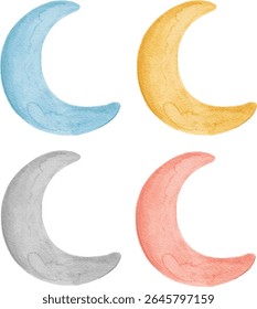 Cute Hand Painted Watercolor Moon Set. Isolated Whimsical Moon Elements for Nursery and Baby Designs