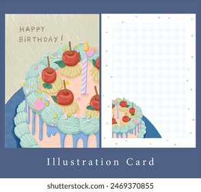 cute hand painting of birthday cake with cherry and cream on top. illustration birthday card decoration. greeting frame card for blessing.
