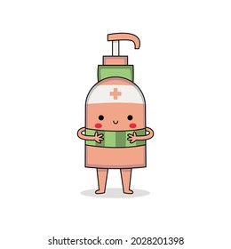Cute hand sanitizer bottle cartoon character wearing a green scarf