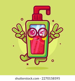 cute hand sanitizer bottle character mascot with peace sign hand gesture isolated cartoon in flat style design