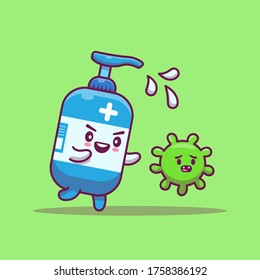 Cute Hand Sanitizer Catch up Virus Cartoon Vector Icon Illustration. Health And Virus Icon Concept Isolated Premium Vector. Flat Cartoon Style