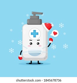 Cute hand sanitizer mascot using medical mask and Christmas costume