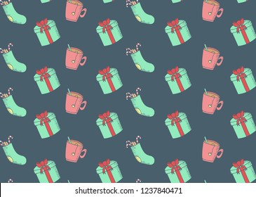 Cute hand sketched Christmas Background Pattern. Doodle Christmas icons.