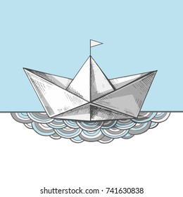 Cute hand sketched paper ship on the waves, vector illustration. Art print with a boat on the sea. Ocean calling. 