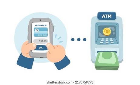 cute hand touching smartphone screen to withdraw money from cash machine