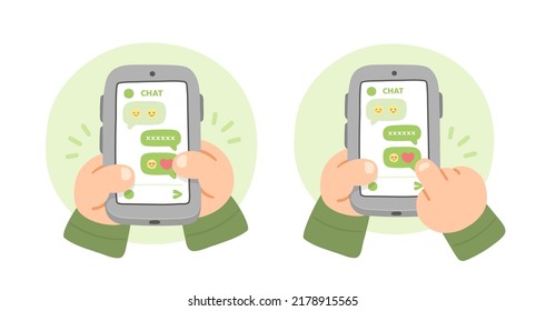cute hand using smartphone to send message in chat application