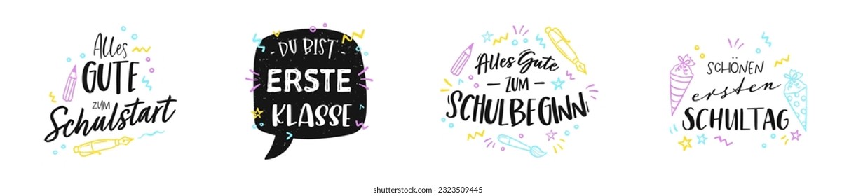 Cute-Hand-Schrift auf Deutsch mit dem Titel "Zurück zur Schule" "Happy first day of school" und Ähnliches - ideal für Banner, Einladungen, Werbung