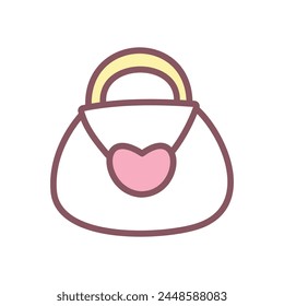 Lindo icono de bolso. Ilustración dibujada a mano de un embrague de solapa blanco decorado con un bloqueo en forma de corazón aislado sobre un fondo blanco. Etiqueta Kawaii. Vector 10 EPS.