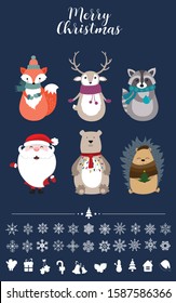 Cute handdraw animals with Christmas decorations and collection of snowflakes