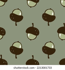 Cute hand-drawn acorns seamless pattern, a fall season pastel green background