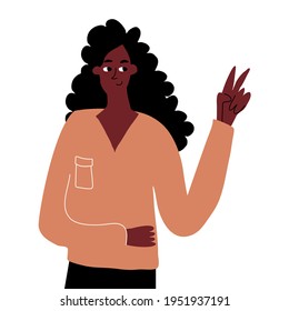A cute hand-drawn african girl shows a peace gesture. Hand gestures, expression of emotions. Vector hand drawn illustration on white background.