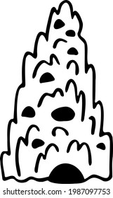 Cute hand-drawn African termite mound building by insects made out of earth, mud. Vector doodle of house animals. Black line art termite hill. Wildlife nest with multiple entrances for nature icons. 