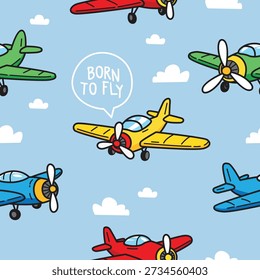 Aviões bonitos desenhados à mão e nuvens de fundo sem costura para crianças