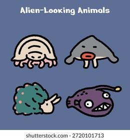 Bonito conjunto de ilustrações de animais alienígenas desenhados à mão apresentando um isópode gigante, batfish de lábios vermelhos, lesma-do-mar-de-ovelha-folha e tamboril do mar profundo. Contornos grossos, formas arredondadas e cores planas criam uma estranha e divertida ilustração com tema de criatura.