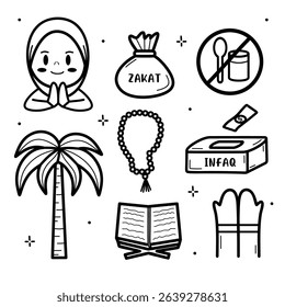 CUTE HAND-DRAWN ALL ABOUT MUSLIM RAMADHAN CULTURE DECORATION DOODLE BLACK AND WHITE OUTLINE