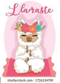 Cute hand-drawn alpaca doing yoga. Llama yoga with flowers crown