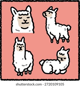 Ilustração de alpaca bonito desenhado à mão com alpacas fofas e amigáveis em poses de desenhos animados calmos. Esta arte suave animal é ideal para o design infantil, materiais educativos, temas agrícolas e ilustrações acolhedoras da vida selvagem.