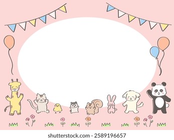 Cute hand-drawn animal birthday card, horizontal, pink