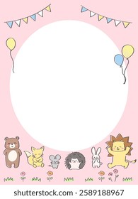 Cute hand-drawn animal frame, vertical, pink