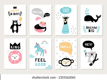 Cute hand-drawn animals on postcards: bear, fox, giraffe, seal, lion, unicorn, monkey and koala. Doodle Vector illustration with text. Good for posters, cards, t-shirts, banners and ads.