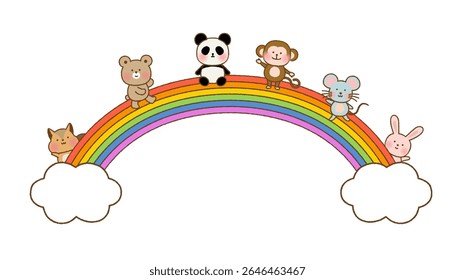 Cute Hand-Drawn Animals on a Rainbow – Vector Decoration