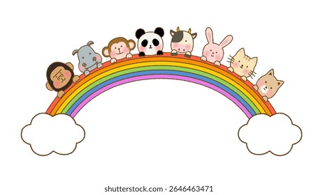 Cute Hand-Drawn Animals on a Rainbow – Vector Decoration
