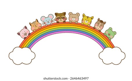 Cute Hand-Drawn Animals on a Rainbow – Vector for Frame or Decoration