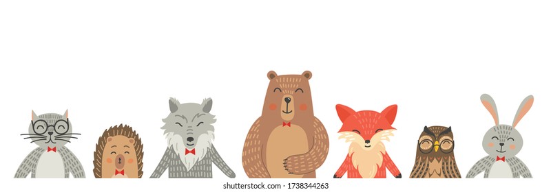 Cute hand-drawn animals set with place for your text. Cat, hare, fox, owl, rabbit, wolf and bear