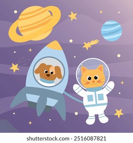 Cute hand-drawn animals in space. Dog and cat in spacesuit, galaxy bundle, rocket. Astronauts, spaceship, cartoon animals among planets, stars and meteorites. Vector illustration for kids.