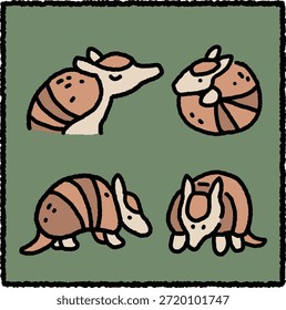 Lindo conjunto de ilustración de armadillo dibujado a mano con personajes de armadillo de vida silvestre gordita en poses juguetonas. Los contornos gruesos y los colores planos hacen que esta obra de arte sea perfecta para pegatinas, ilustraciones para niños, temas del desierto y diseños educativos de vida silvestre.