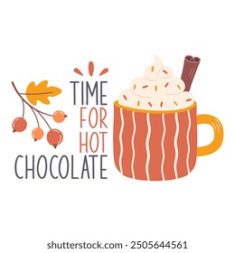 Una linda pegatina de otoño dibujada a mano con la frase Time for Hot Chocolate. Eslogan de otoño, pegatina de otoño. Frases de otoño con Elementos de diseño lindos y acogedores