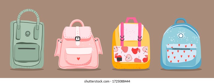 Cute hand-drawn backpacks. Variety of cartoony isolated backpacks on a light brown background. Back to school and education concept. Children school bags.