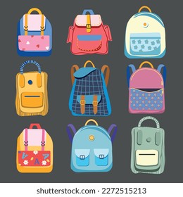 Cute hand-drawn backpacks. Variety of cartoony isolated backpacks on a brown background. Back to school and education concept. Children school bags.	