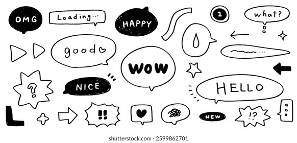Cute hand-drawn balloon set. Cartoon speech bubble with pencil drawn text. Letters are on a separate layer.