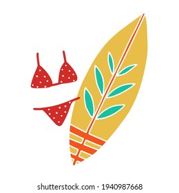 Cute hand-drawn beach vacation symbol, icon. Dotted red bikini swimsuit and surfboard nearby. Vector cartoon style illustration isolated on background.