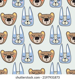 Cute hand-drawn bear and hare heads seamless pattern, funny forest animals background
