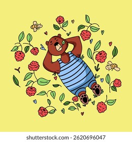 A cute hand-drawn bear relaxing in a raspberry field, surrounded by bees and flowers. Perfect for summer-themed children’s products, greeting cards, wall art, and textile patterns. 