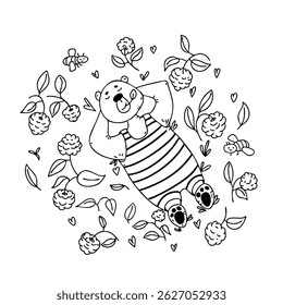 A cute hand-drawn bear relaxing in a raspberry field, surrounded by bees and flowers. Perfect for summer-themed children’s products, greeting cards, wall art, and textile patterns.