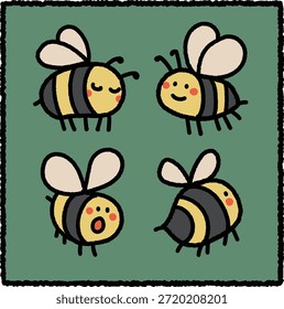 Cute hand-drawn bee illustration set featuring four friendly cartoon bees in different poses and expressions. Perfect for kids design, education materials, nature themes, packaging, and playful visuals.