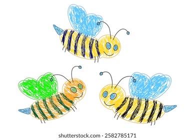 Cute hand-drawn bees with colorful wings in a sketch style, featuring blue and green wings on a white background. A set of bees.