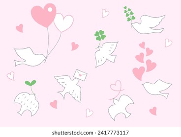 Cute hand-drawn bird and heart crayon touch illustration set