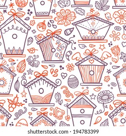 cute hand-drawn bird houses. Vector seamless pattern with hand-drawn bird houses and other elements