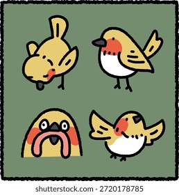 Lindo conjunto de pegatinas de pájaros dibujados a mano con cuatro pájaros amarillos Pequeños en poses juguetonas como picotear, pararse, volar y una expresión divertida de primer plano, sobre un fondo verde.